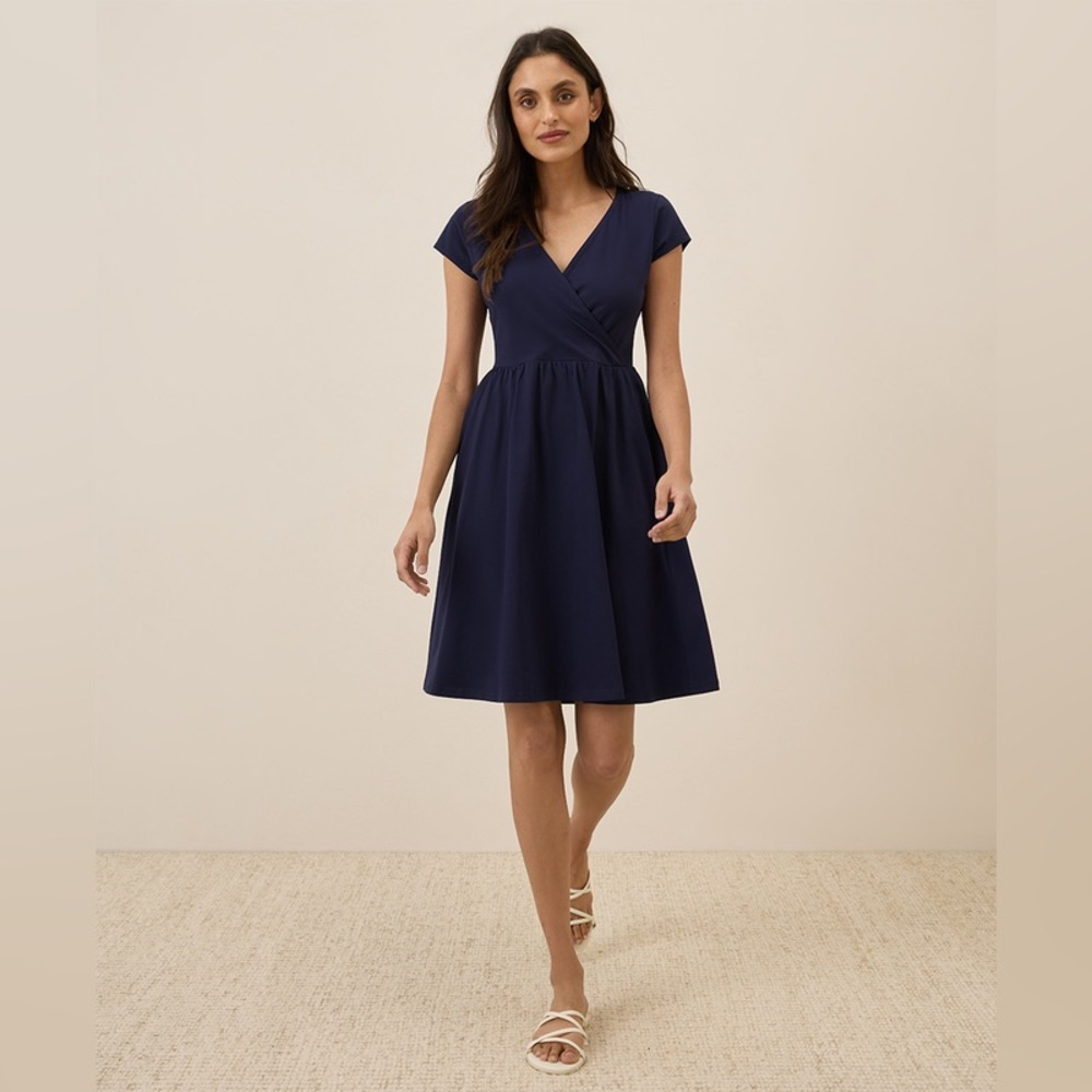 Pact Organic Cotton Fit & Flare Crossover Dress Midnight Blue